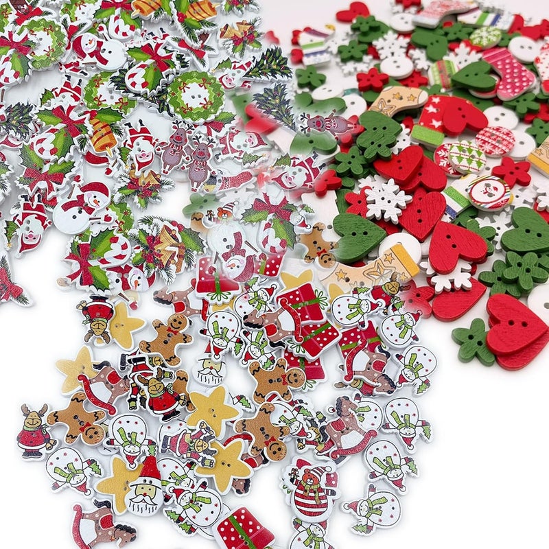 KOVOLALA 200-PCS Christmas Wooden Buttons Set - Assorted Craft Buttons with Snowflake Designs for DIY Holiday Crafts, Multi-Size Mixed Styles - Image 2